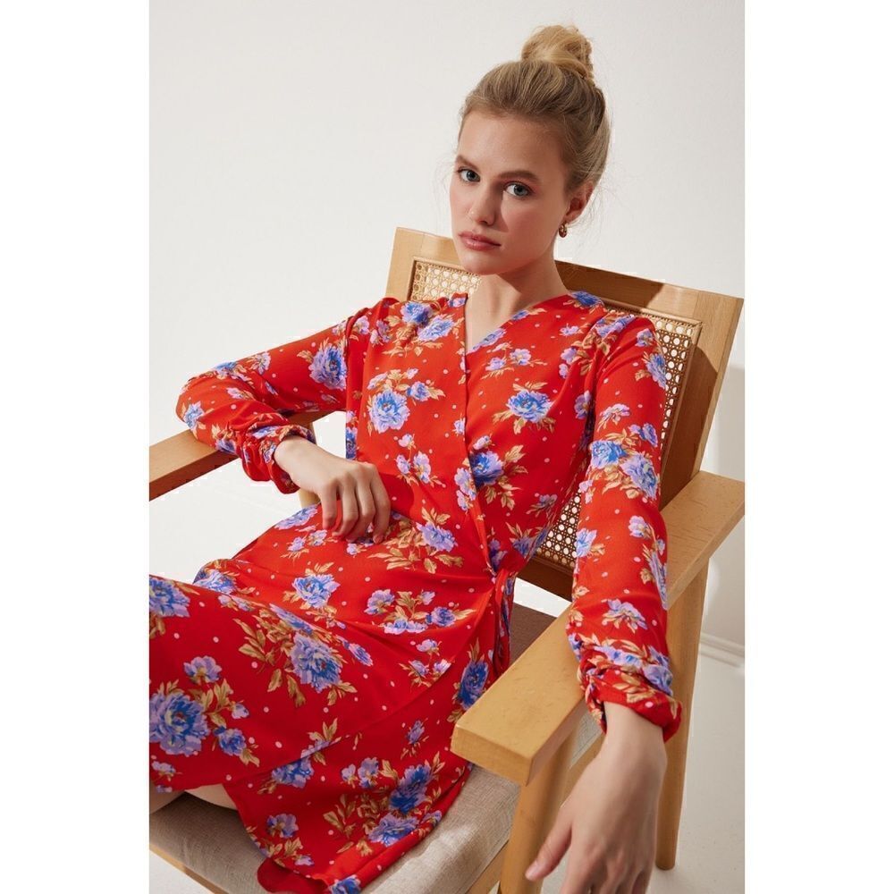 NWT Zara Blogger’s Favorite Red Floral Long Sleeve V-Neck Wrap Dress, Small - Picture 6 of 16